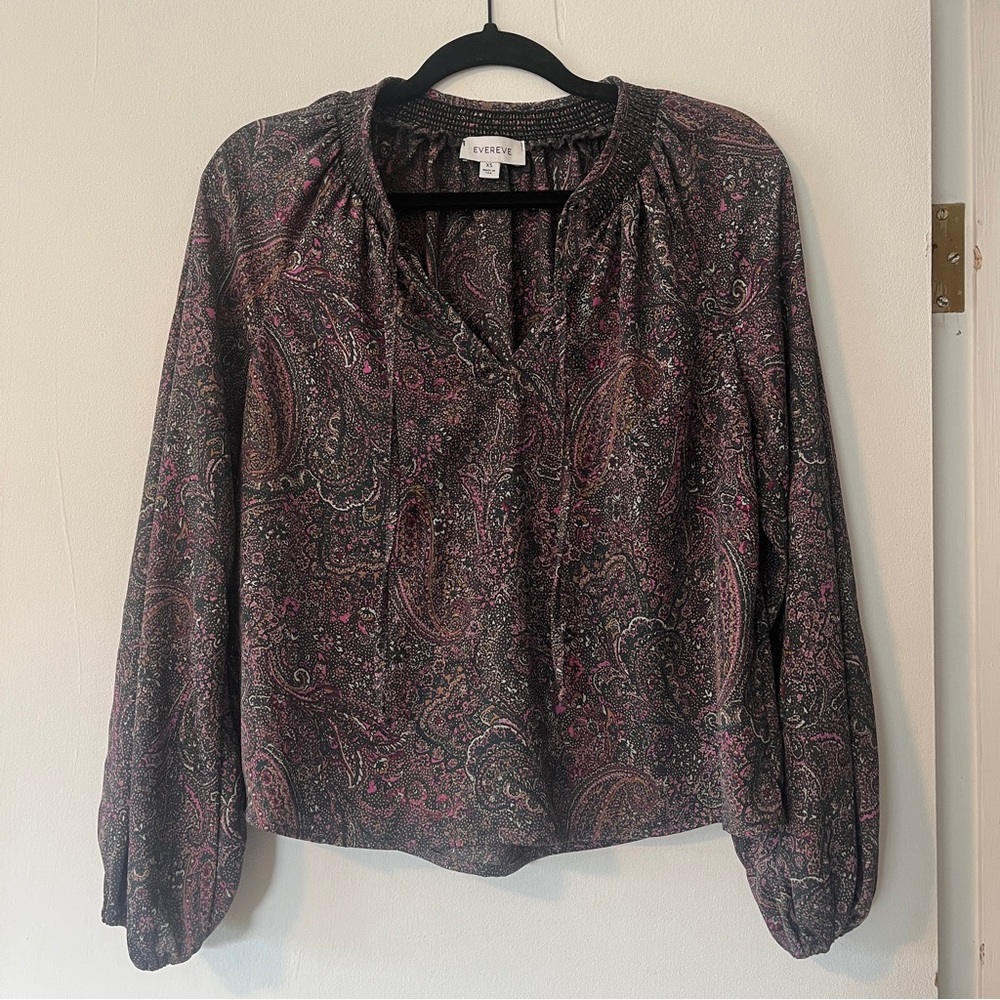 Evereve Kyra Paisley Smocked Neck Cropped Blouse Sz XS Boho Prairie Romantic Top